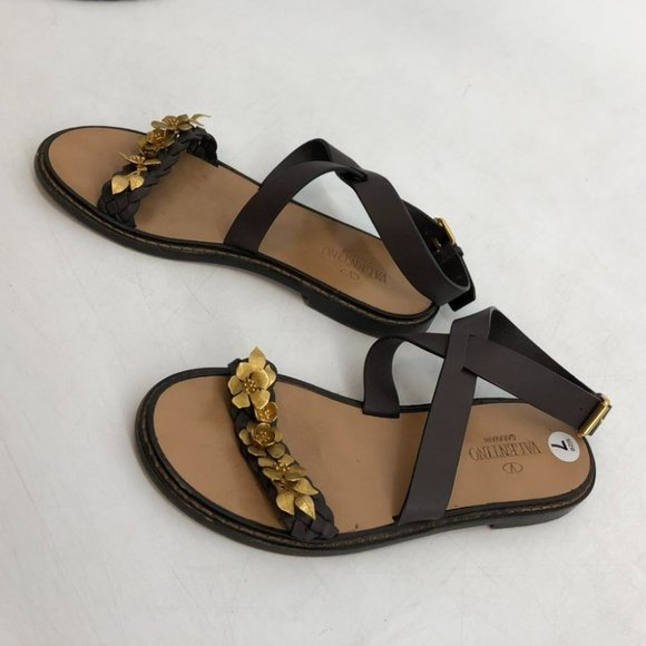 Valentino Garavani brown leather braided strappy sandals gold flower embroidery - Picture 11 of 14